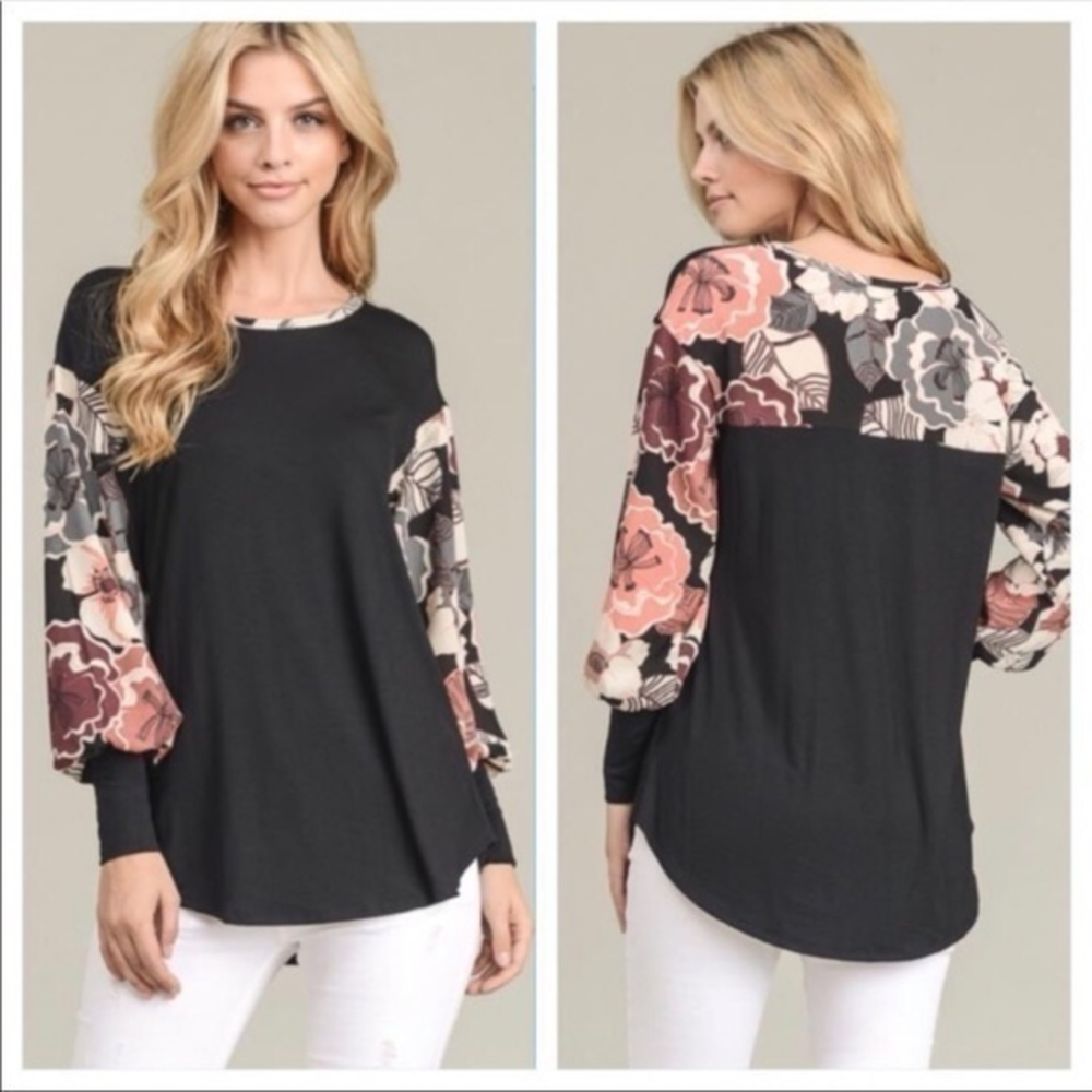 Mai Soli Black Multicolor Floral Puffy Sleeve Top‎
